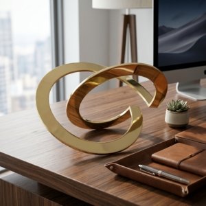 Escultura contemporânea de bronze dourado com curvas abstratas sobre mesa de escritório com vista urbana.